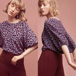 Maeve Anthropologie Blue Heart Print Silk Kimono Blouse Size XS